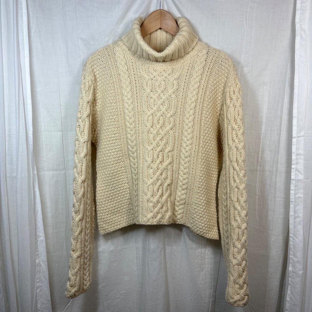 Paul James 100% Wool Fisherman Cable Knit‎ Turtleneck Crop Sweater Ivory Size L